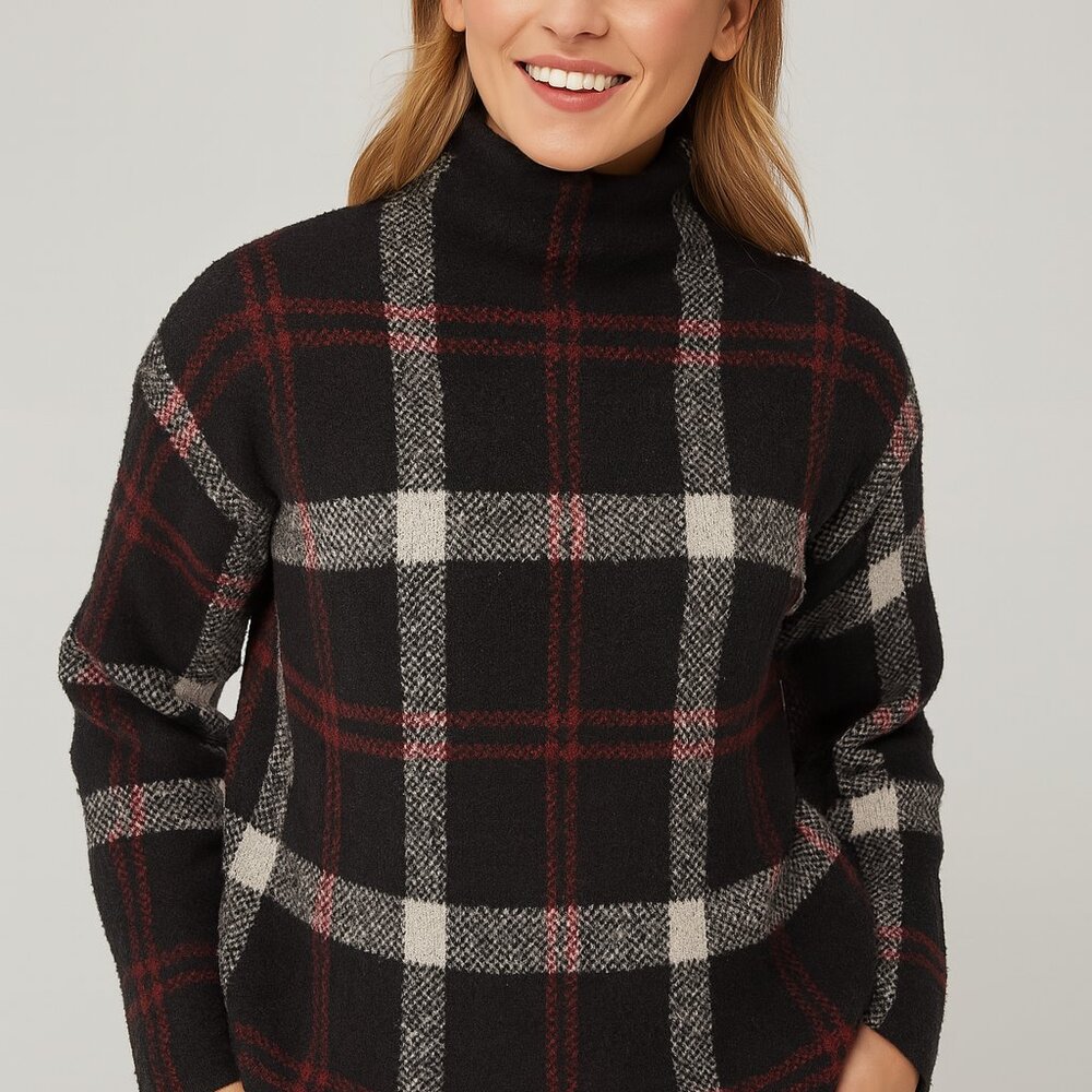 Vintage Christian Siriano Black Red Plaid Turtleneck Sweater Soft Knit Medium